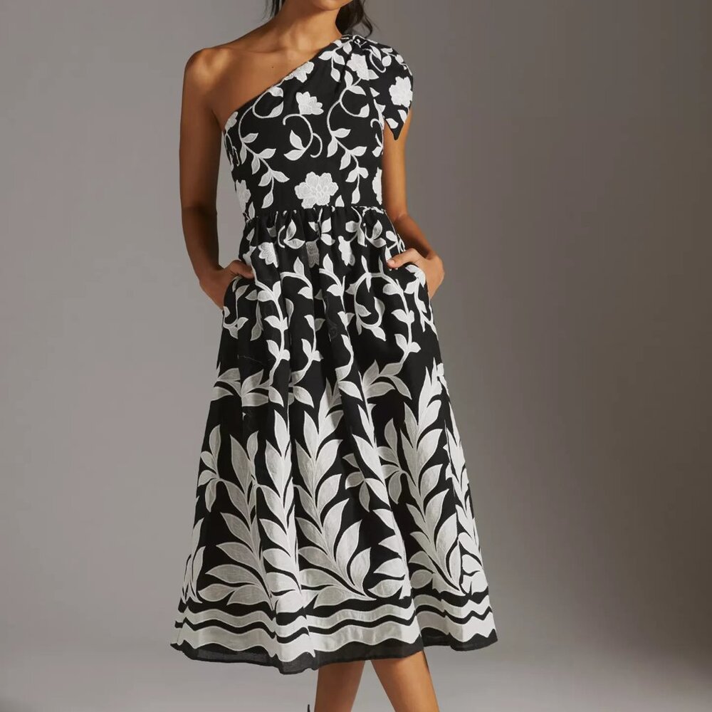EUC Anthropologie One Shoulder Embroidered Floral Midi Dress Size 2